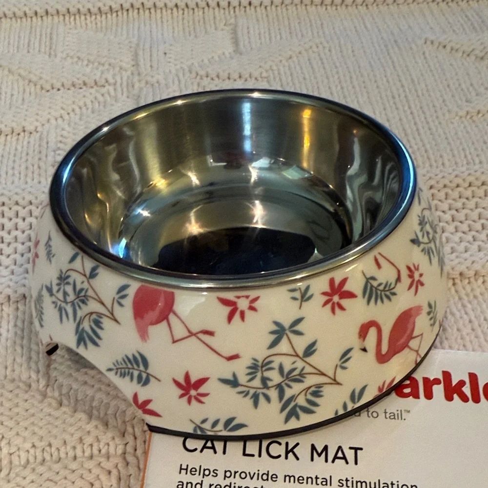 Cat Lick Mat, green & 2 Pet Bowls - Pink and White